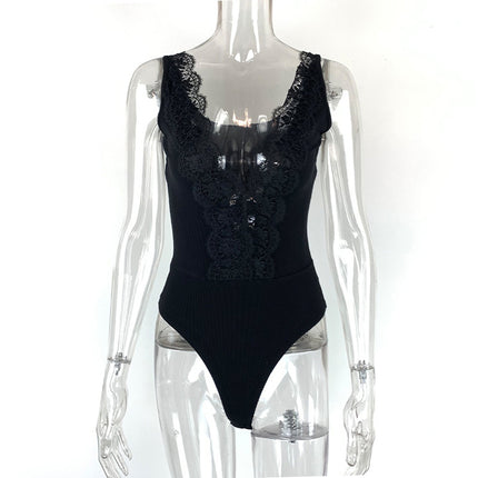 Amazon 2025 Summer European and American Cross-Border New Women's Clothing Sexy Slim V Neck Lace Ribbed Suspender Jumpsuit