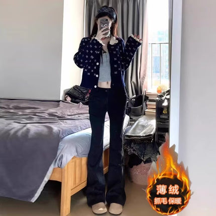 fleece-lined Black High Waist Micro-flare Jeans Women's Autumn and Winter New Slim-fit Warm Small Casual Flared Pants