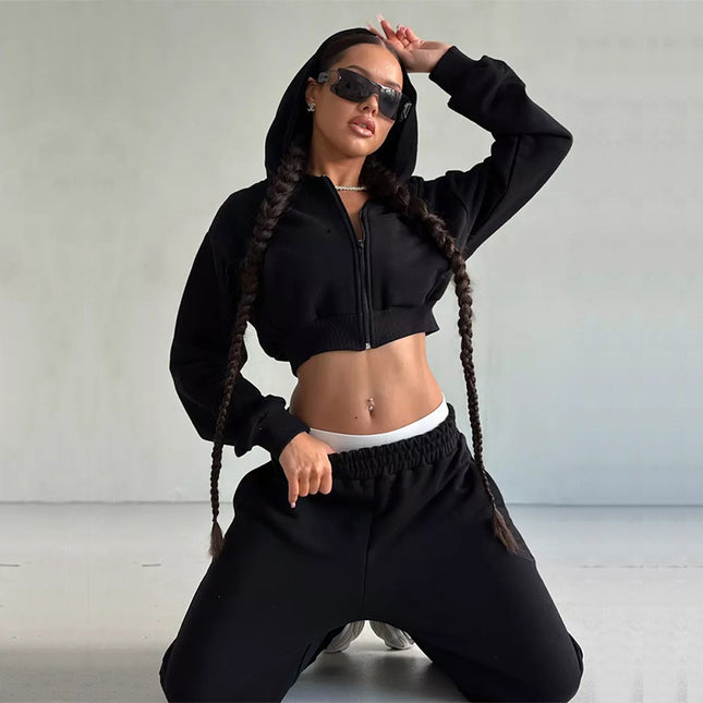 2026 Amazon Sexy Fashion European and American Style Casual Long-Sleeve Hooded Crop Top Shorts Cardigan Sports Pants