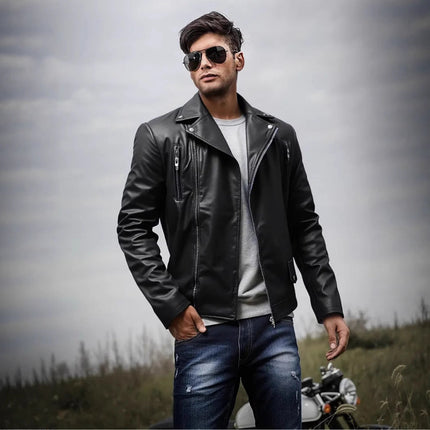 Cross-Border European and American Slim-Fit Men's Leather Jacket Casual Motorcycle Jacket Motorcycle Clothing American Retro Pu Leather Jacket