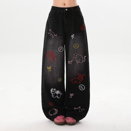 Embroidered Retro Wide-Leg Straight Fun Cartoon American Style 2025 New Jeans Pants Summer Loose Floor-Length Pants