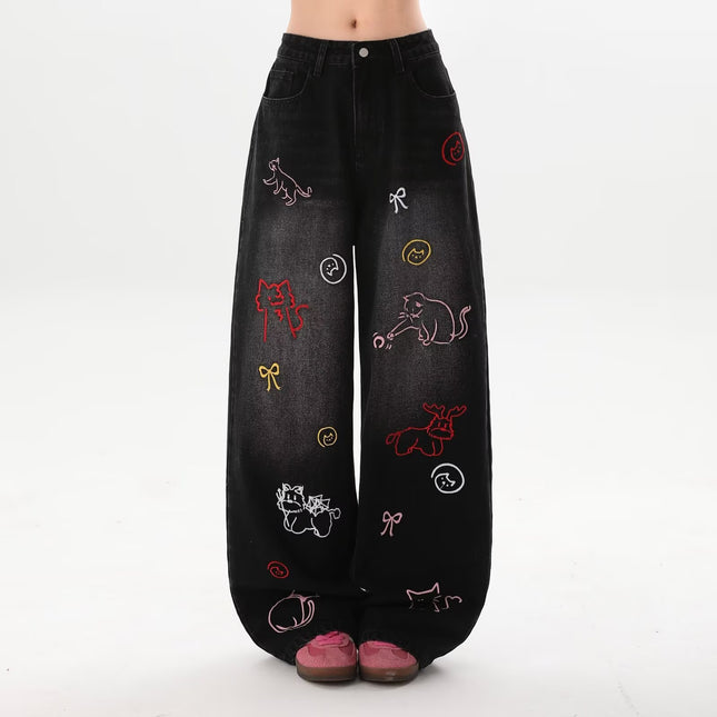 Embroidered Retro Wide-Leg Straight Fun Cartoon American Style 2025 New Jeans Pants Summer Loose Floor-Length Pants