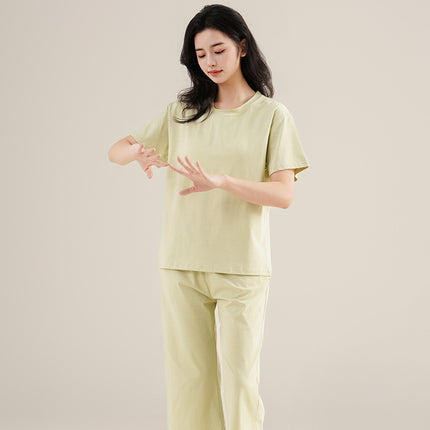 Summer Women's Pet Skin-feeling Cool Cotton Morandi Color-based Home Clothes Girl's Short-sleeved Cropped Pants Pajamas with Chest Pad