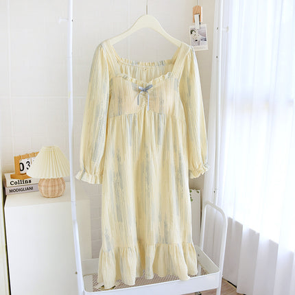 Ink Style Crepe Long Sleeve Long Dress Nightgown Spring and Autumn Women's Pure Cotton Yarn with Chest Pad Summer dress Pajamas