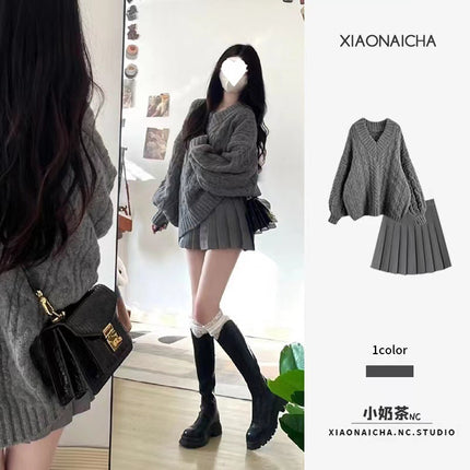 2023 Autumn Dress Small Lazy Style Sweet Milk Lovely Dress Sweater Tea Tea Gas Two-piece Suit Premium Sense
