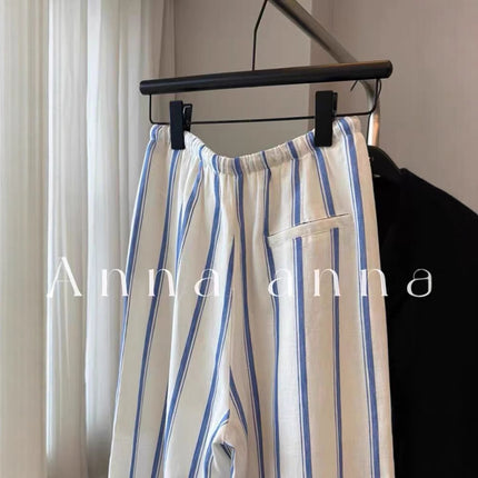 Highly Recommended! Blue and White Striped Linen Wide-Leg Pants 2025 Summer Lazy Drape Cotton-Linen Floor-Length Pants
