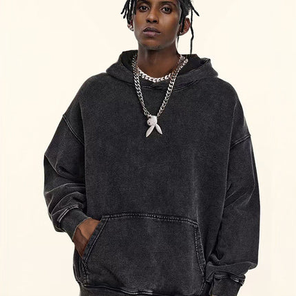 2026 Autumn/Winter Heavyweight Fleece-Lined Thickened European and American Retro Cross-Border Washed Sweatshirt Men's Trendy Sports Hoodie Men's Hooded Sweatshirt