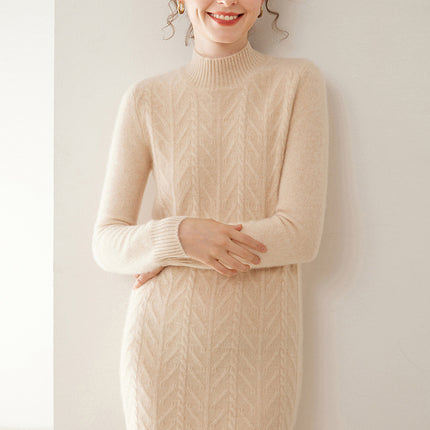 Fashionable New Style Half-High Collar Cable-Knit Cashmere Dress for Women, Plus Size, Autumn and Winter New Mid-Length Sweater Dress