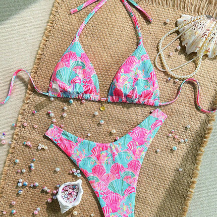 Highly Elastic Shell-Shaped Random Print Bikini Set with Metal Shell Decoration, Suitable for the Beach