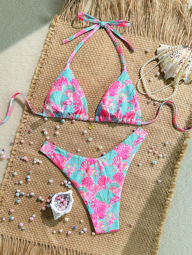 Highly Elastic Shell-Shaped Random Print Bikini Set with Metal Shell Decoration, Suitable for the Beach