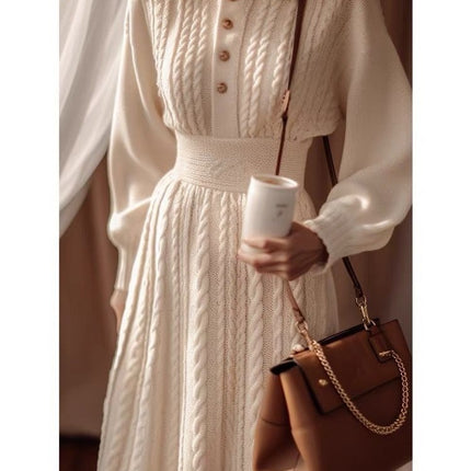 New Stylish White Cable Knit Dress for Women 2025 Autumn and Winter New Trendy Waist-Cinching Slimming Sweater Dress