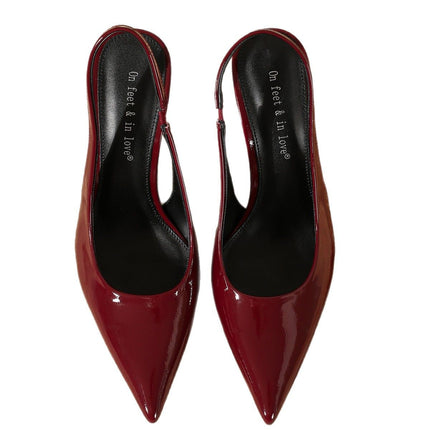 Summer New Fashion Casual European and American Burgundy Pointed Toe High-Heeled Shoes Shallow Mouth Toe Simple Back Hollow Shoes for Women
