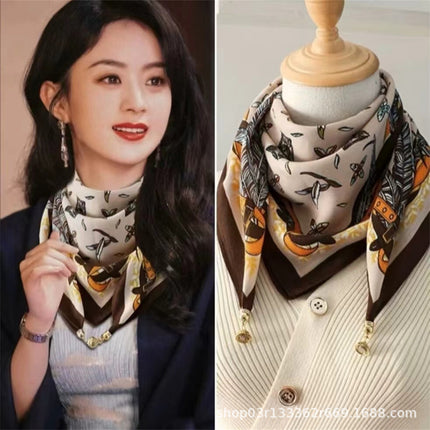 2024 New Magnetic Buckle Silks and Satins Square Scarf Women's Spring and Autum Scarf High-end Decorative Triangle Scarf Neck Protector