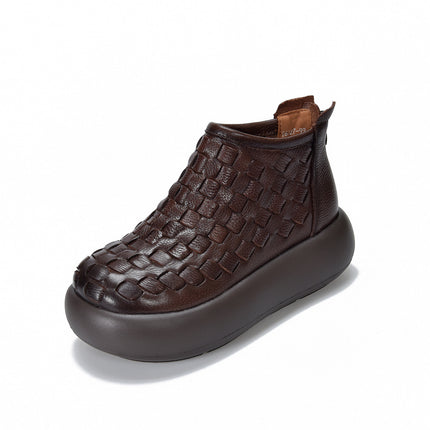 Retro Casual Thick-Soled Platform Shoes Hand-Woven Genuine Leather Short Boots for Women 2025 Autumn and Winter New First-Layer Cowhide Short Boots