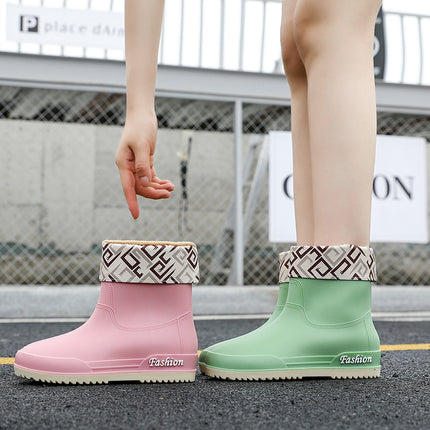 Rain Boots, Women's Mid-Calf Shoes, Adult Women's Shoes, High-Top Non-Slip Shoes, Work Rubber Shoes, Women's Waterproof Low-Heeled Shoes with Removable Cotton Lining