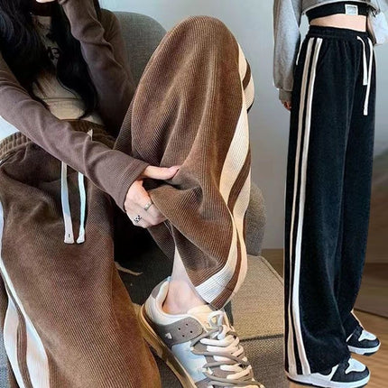 Striped corduroy pants women's fleece-lined thickened narrow wide-leg casual slimming high waist straight mop pants