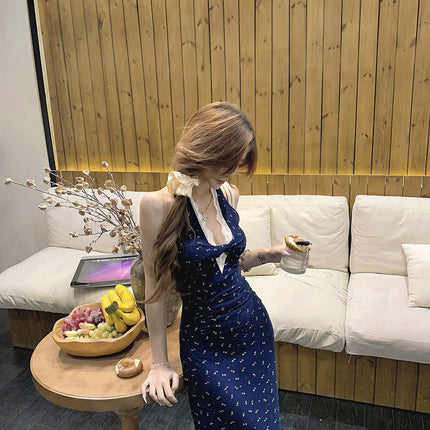 French Style Neck Waistline Floral Sling dress Women's Summer Niche Design Spice Girl Lace Stitching Tea Break Long Dress