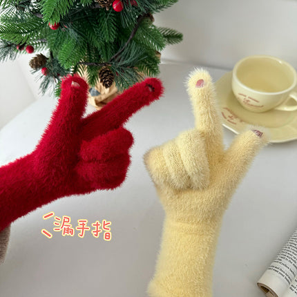 Japanese cute plush gloves women's winter warm cold warm long gloves can touch screen to play with snow atmosphere