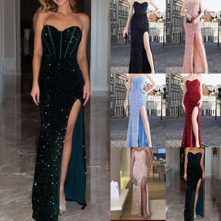 2025 spring cross-border foreign trade new magic color beads back twine bra side split tube fish bone evening dress