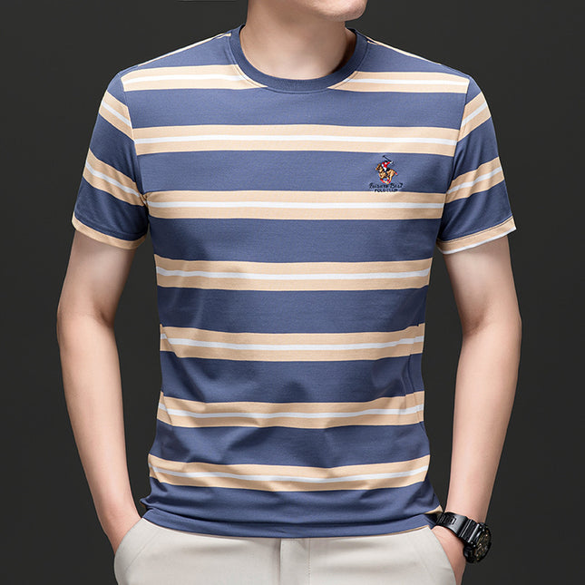 Mingdi Mouse Men's Summer New Casual Short-sleeved Crewneck Pullover T-shirt Business Striped Plus Size Men's T-shirt