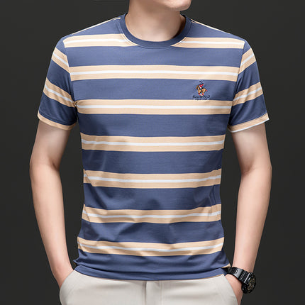 Mingdi Mouse Men's Summer New Short-sleeved Young and Middle-aged Crewneck T-shirt Business All-match Striped Men's T-shirt Top