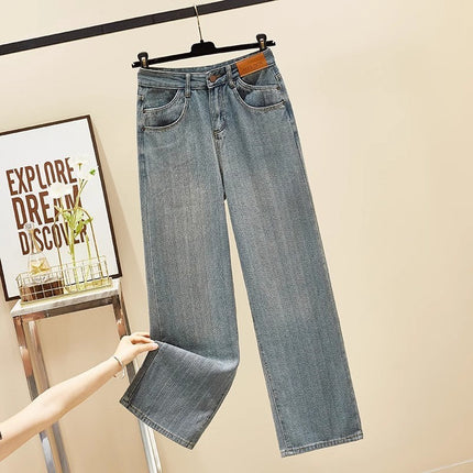 plus size Retro Straight Leg Jeans Women's Trendy All-match Bamboo Pattern Design High Waist Loose Slimming Wide Leg Pants