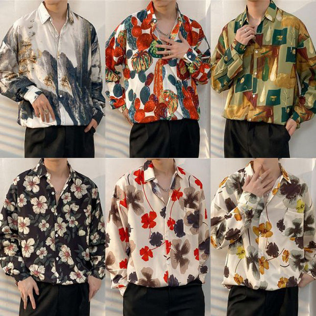 Fairy shirt men's Spring and Autumn fun printed shirt men's long sleeve Hong Kong style loose fashion casual Japanese coat