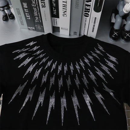 23 Large Edition Heavy-Duty Rhinestone Front and Back Lightning Design Unisex Loose Short-Sleeve T-Shirt Plus Size for Big and Tall Versatile Pure Cotton