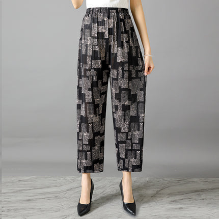 Cross-Border Popular Summer Women's Ice Silk Pants for Middle-Aged and Elderly, Loose Casual Home Pants, Elastic Plus-Size Pants for Square Dancing