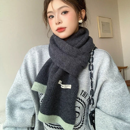 New Korean Style All-match Knitted Contrast Color Soft Waxy Scarf Women's Winter Fashion All-match Warm Student Thick Scarf Cold-proof