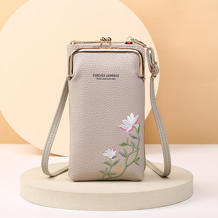 Manufacturer's Supply 2024 New Women's Mobile Phone Bag Korean Style Fashionable Pebbled Pattern Pure Color Embroidered Cross-Body Shoulder Bag
