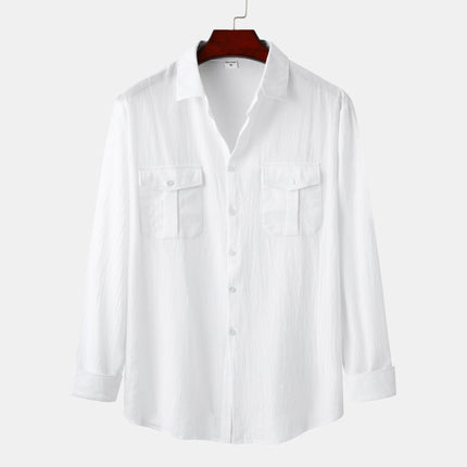 Cross-border foreign trade wholesale 2024 new autumn and winter men's cotton and linen solid color double pocket design men's long sleeve shirt men