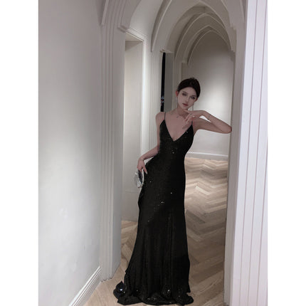 Cross-Border Real Shot Black "Stone Night" Birthday Party Graduation Evening Dress Floor-Length Suspender Sequin Skirt