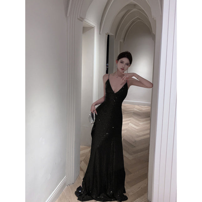Cross-Border Real Shot Black "Stone Night" Birthday Party Graduation Evening Dress Floor-Length Suspender Sequin Skirt