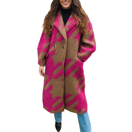 2025 New European and American Autum Cross-Border Women's Clothing, Various Color Matching Fashionable Long-Sleeved Lapel Outwears, Printed Woolen Outwears