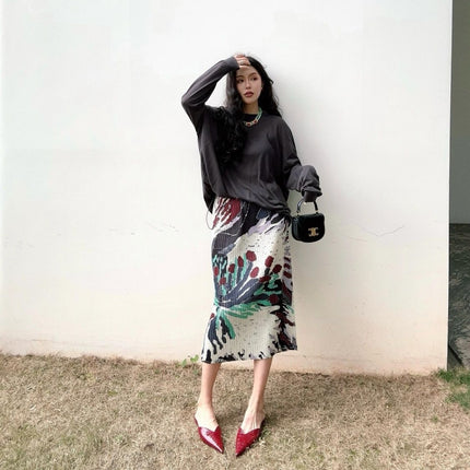 Skirt Retro 2024 New Skirt Women's Niche Design Print Slimming Tassel Pleated Pleated Skirt