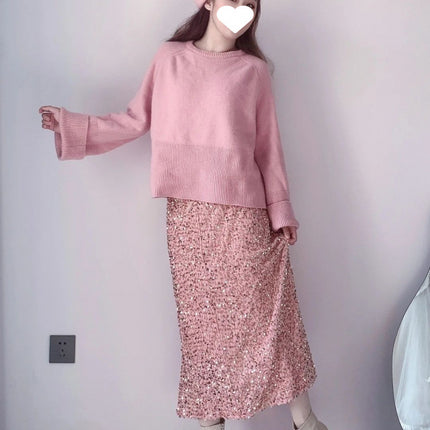 plus size French Style Retro Pearlescent Glittering Sequin Skirt Women's Spring and Autumn Draping Hip A- Line Long Skirt chubby girl Skirt