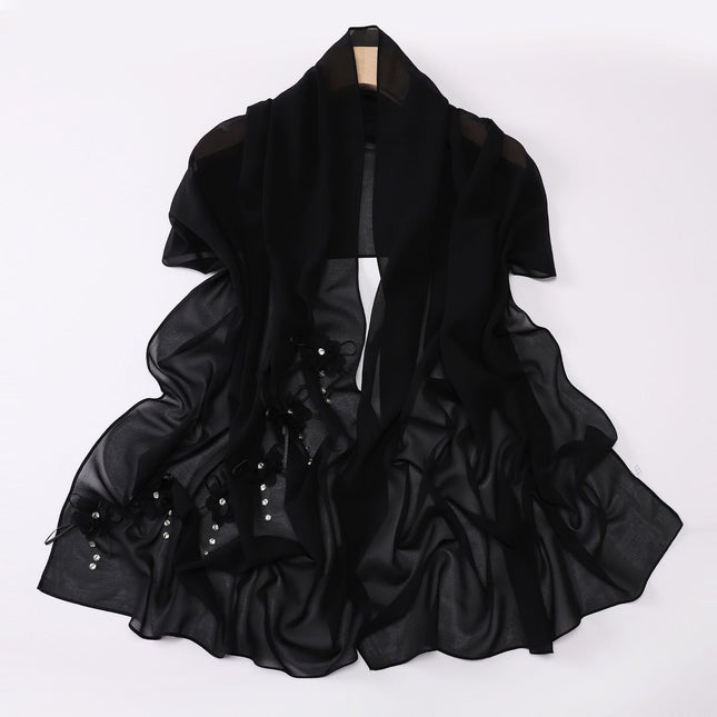 Cross-border Malaysia Scarf Ouruo Wind Nail Rhinestone Flower Chiffon Scarf Solid Color Turban Scarf Women Wholesale
