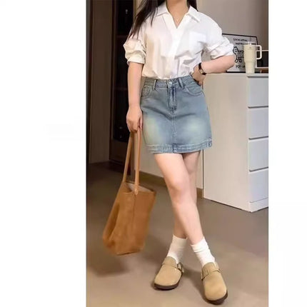 Retro Blue Denim Skirt for Women, Trendyy and Versatile New Style, Large Size Fat mm High Waist, Belly-Covering, Slimming Look A-Line Short Skirt