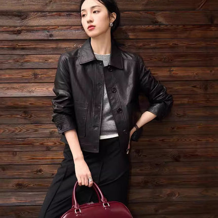 Nordic Harbour Sage Modern Full Vegetable Tanned Sheepskin Leather Coated Sheepskin Short Coat Women's Straight Leather Jacket