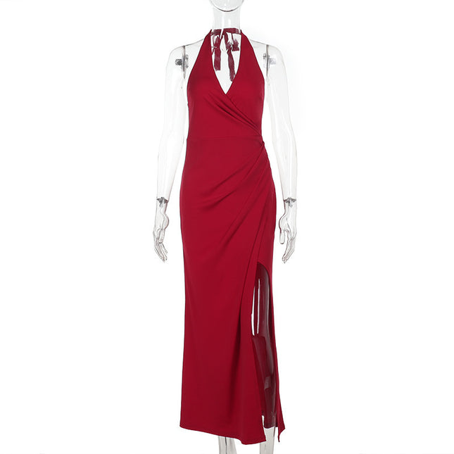 Aliexpress Cross-Border Hot-Selling Women's Clothing Halterneck Backless V-Neck Slit Elegant High-End Dress Slim Dress for Women