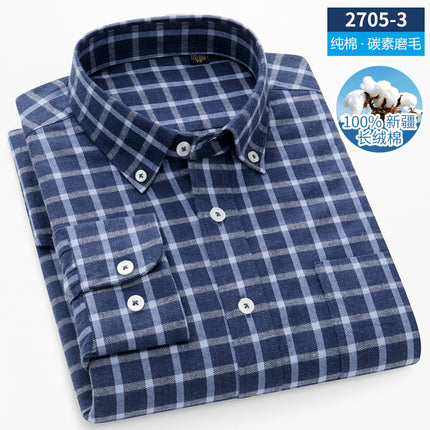 Men's Long-Sleeved Pure Cotton Brushed Plaid Casual Shirts Trendy Fashion Casual Shirts Wholesale