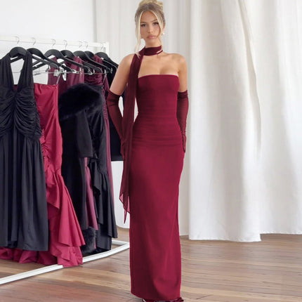 Socialite Style Cross-Border Women's Clothing Solid Color Strapless Backless Slit Sexy Party Slim Fit Bodycon Dress Elegant Style
