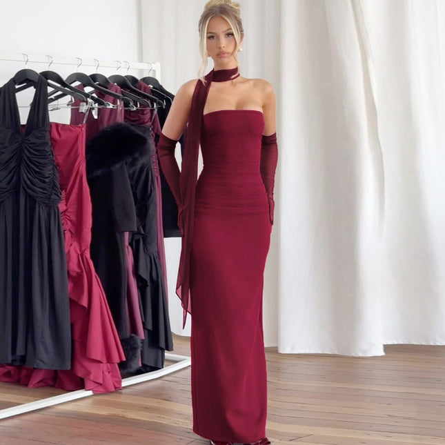 Socialite Style Cross-Border Women's Clothing Solid Color Strapless Backless Slit Sexy Party Slim Fit Bodycon Dress Elegant Style
