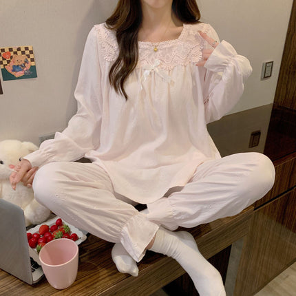 Pajamas with Breast Pads for Women, Autumn Princess Style Pullover Lace Long-Sleeved Pants, Cloud Cotton Suit, Girl's Home Clothes