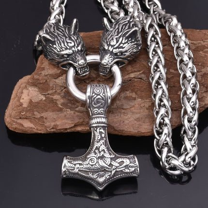 Foreign Trade Explosions Viking Retro Rune Hammer Pendant Wolf Head Necklace Nordic Norway Style Jewelry Men's Wholesale Hair