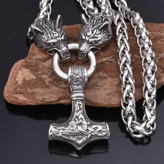 Foreign Trade Explosions Viking Retro Rune Hammer Pendant Wolf Head Necklace Nordic Norway Style Jewelry Men's Wholesale Hair