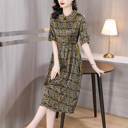 Retro Printed Imitation Mulberry Silk Dress for Women 2024 Summer New Fashion Elegant Waist Slimming Look Mid-Length Skirt