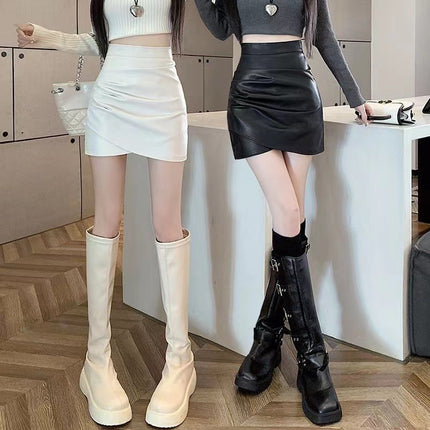 Black pu leather skirt skirt women's autumn and winter 2025 new high waist slimming irregular pleated hip skirt
