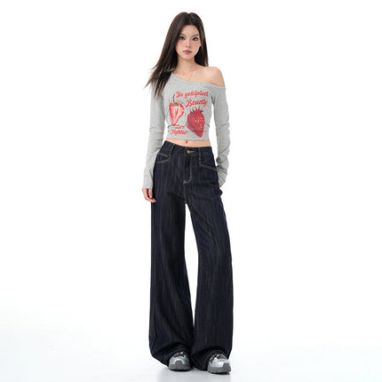 Deep Blue Flared Jeans for Women, Autumn New American High Street Style, Loose Drape Wide-Leg Bell-Bottom Pants